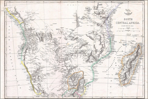 24"x36" Gallery Poster, 1868 Dispatch - Weller Map of South Central Africa ( Angola, Botswana, Tanzania, etc. )