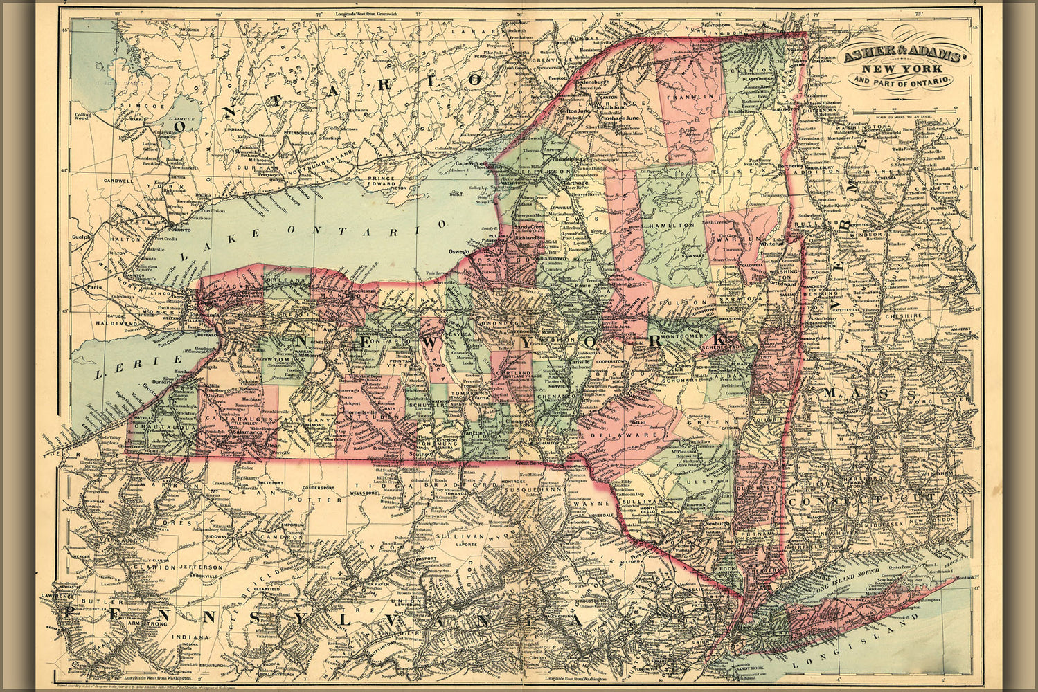24"x36" Gallery Poster, 1871 map of new york state