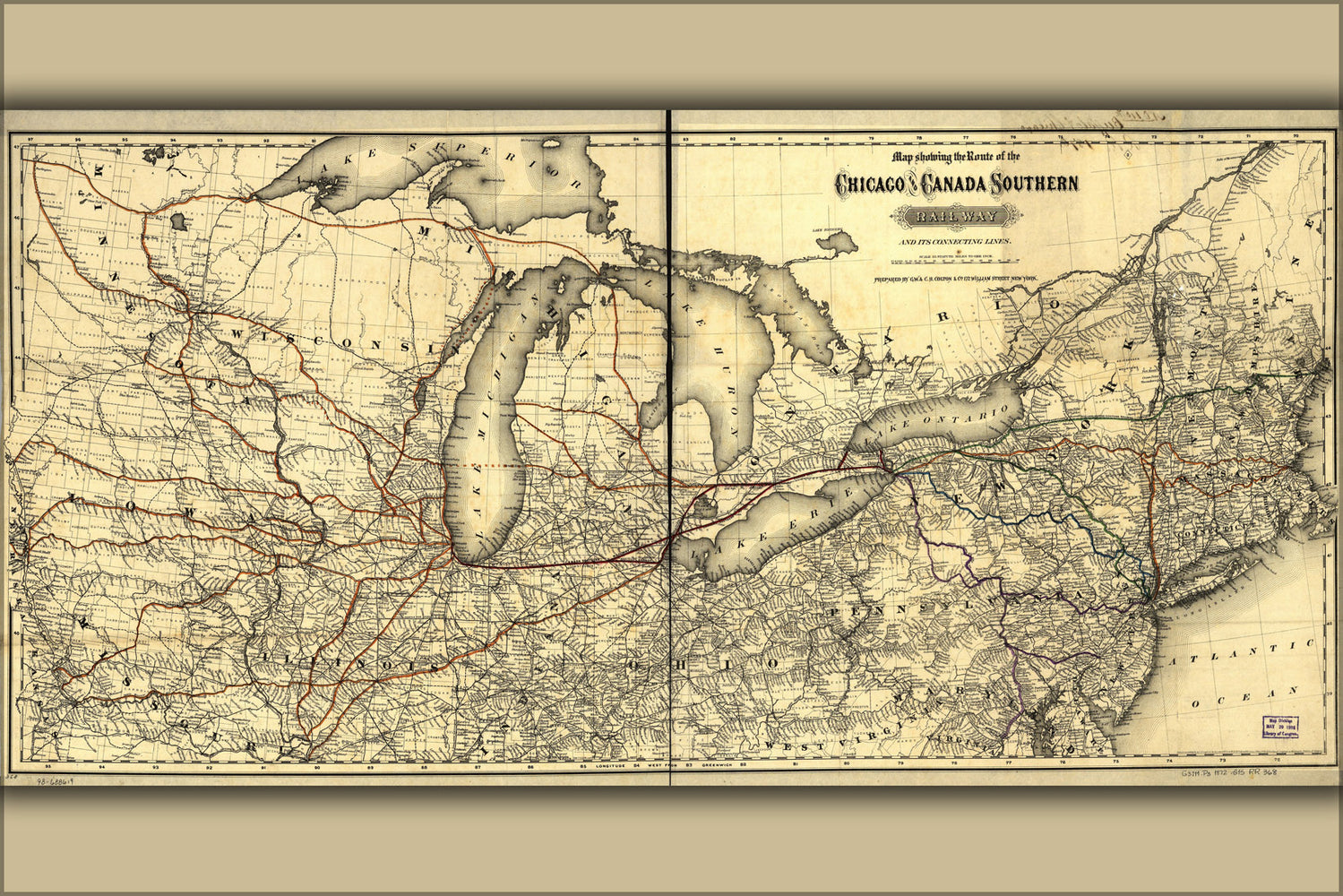 24"x36" Gallery Poster, 1872 Railroad Map of the Chicago and Canada Southern Railway