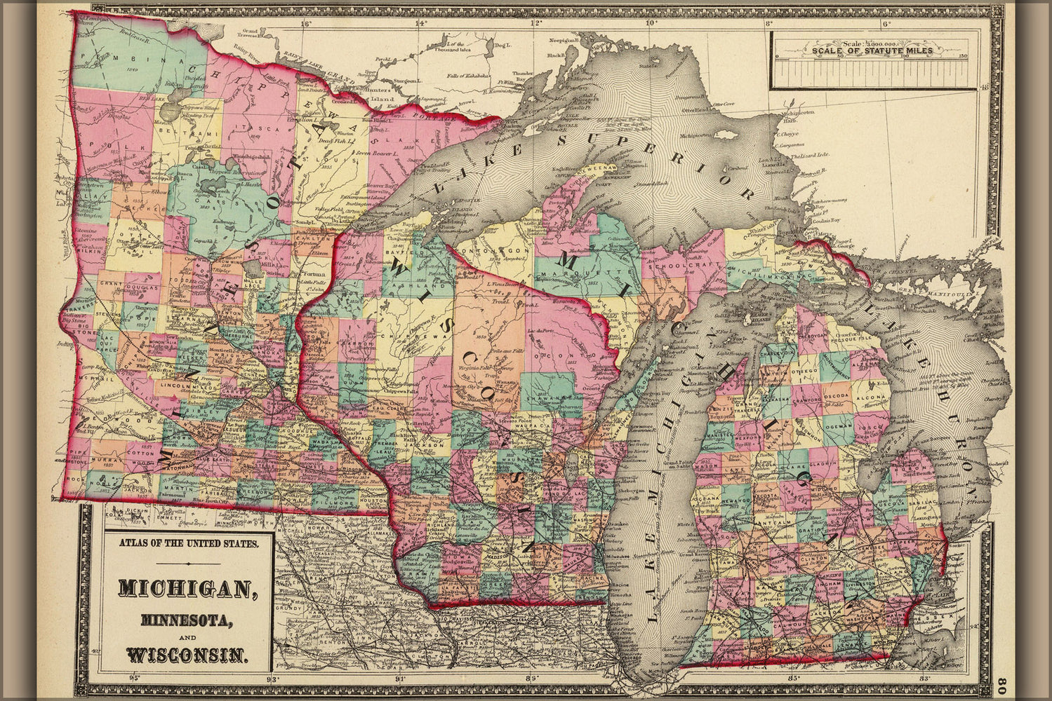 24"x36" Gallery Poster, 1872 map of the states of Minnesota, Wisconsin, and Michigan