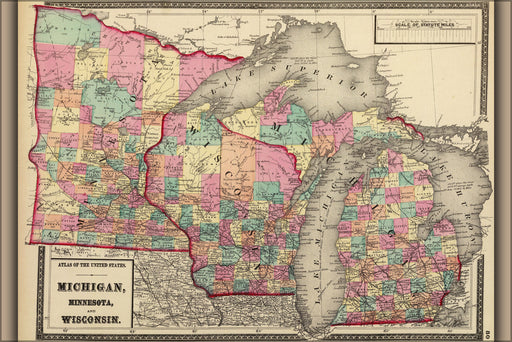 24"x36" Gallery Poster, 1872 map of the states of Minnesota, Wisconsin, and Michigan