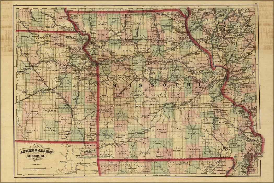 24"x36" Gallery Poster, 1872 railroad map & guide of Missouri