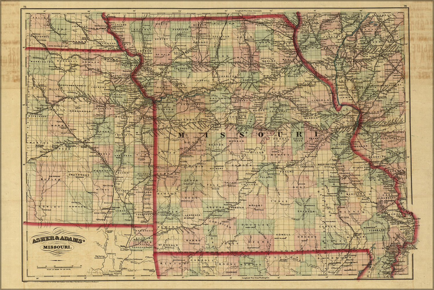 24"x36" Gallery Poster, 1872 railroad map & guide of Missouri