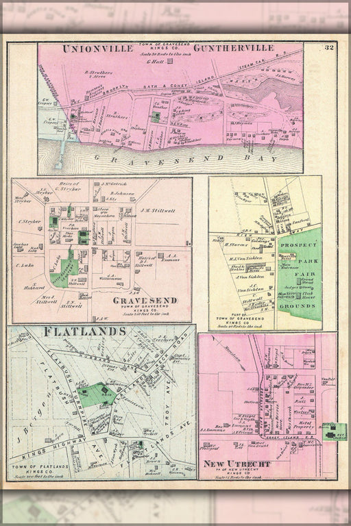 24"x36" Gallery Poster, 1873 Beers Map of Gravesend, Flatlands, New Utrecht and Unionville, Brooklyn, New York City