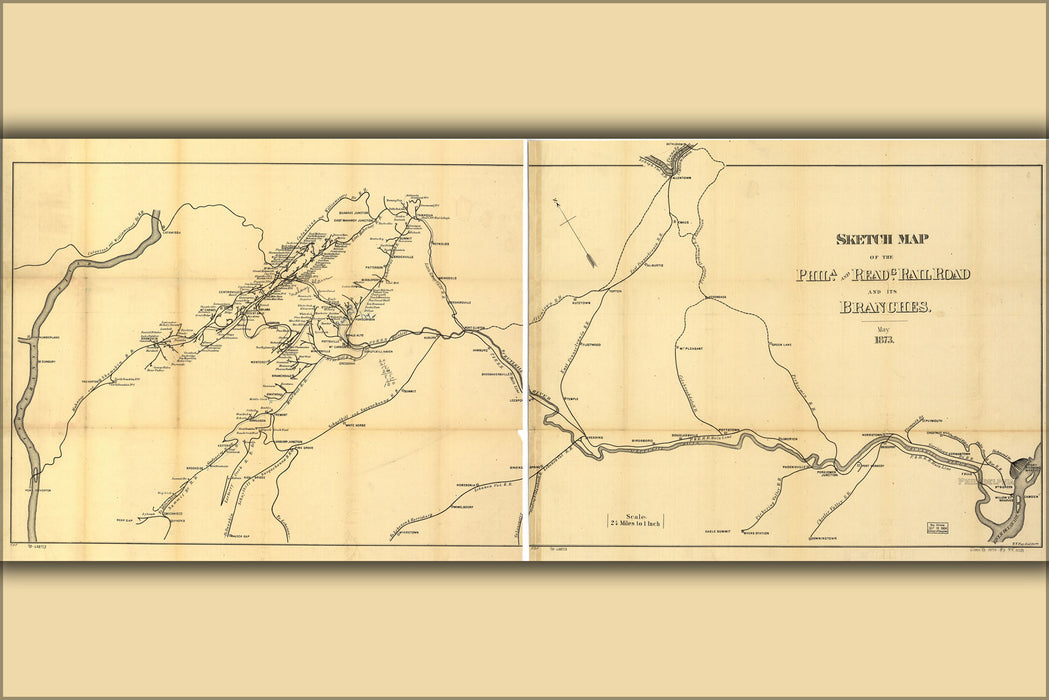 24"x36" Gallery Poster, 1873 Map of the Philadelphia and Reading RailRoad