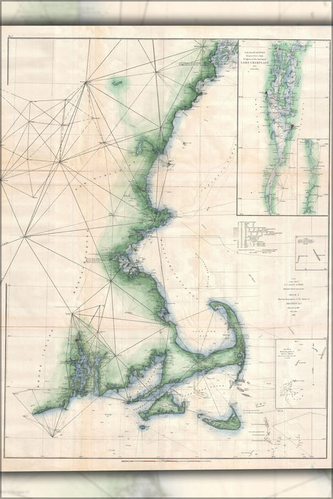 24"x36" Gallery Poster, 1873 U.S. Coast Survey Chart of Map of Cape Cod, Nantucket, Marthas Vineyard, and Cape Ann