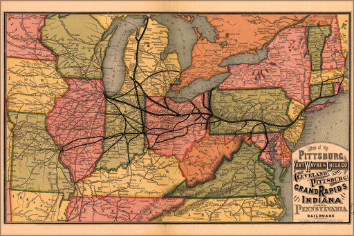 24"x36" Gallery Poster, 1874 map of the Pennsylvania Railroad system including its Lines West territory Great Lakes Michigan Ohio Indiana