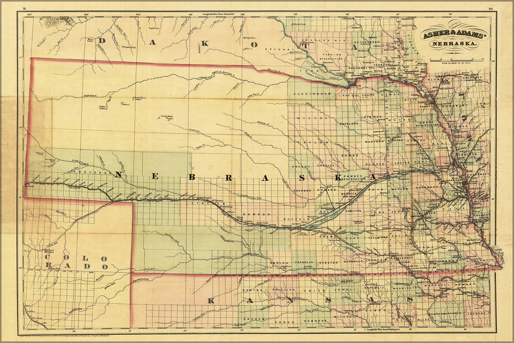 24"x36" Gallery Poster, 1874 railroad map & guide of Nebraska