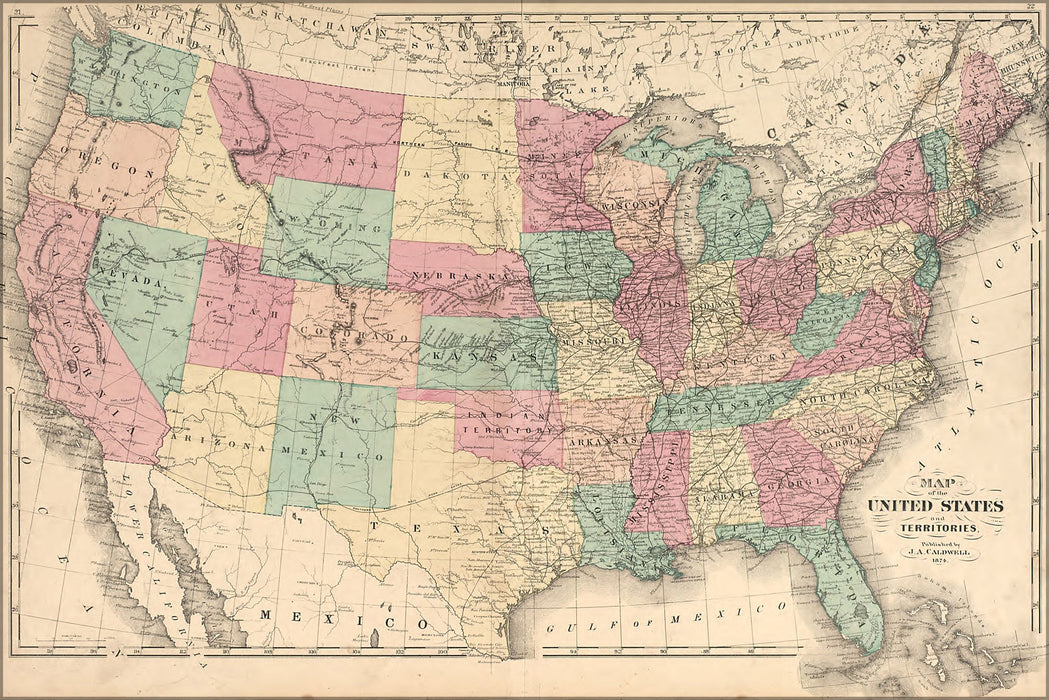 24"x36" Gallery Poster, 1875 map of the united states of america
