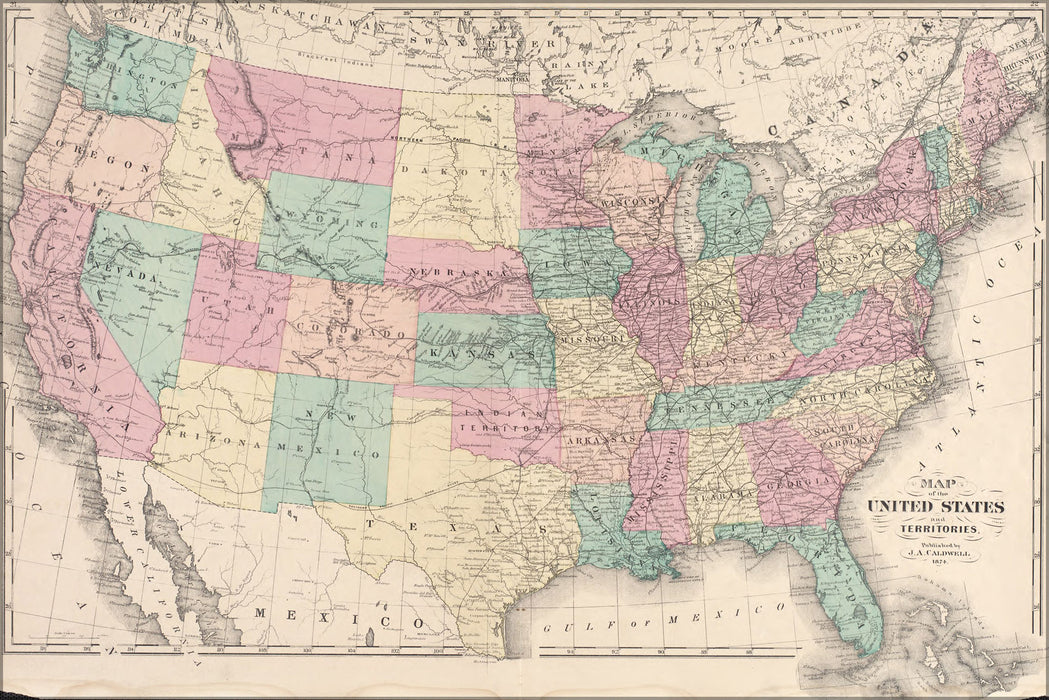 24"x36" Gallery Poster, 1875 map of the united states of america p2