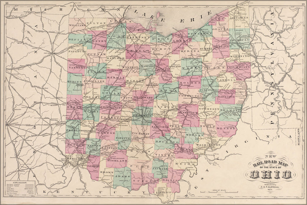 24"x36" Gallery Poster, 1875 railroad map of the state of ohio