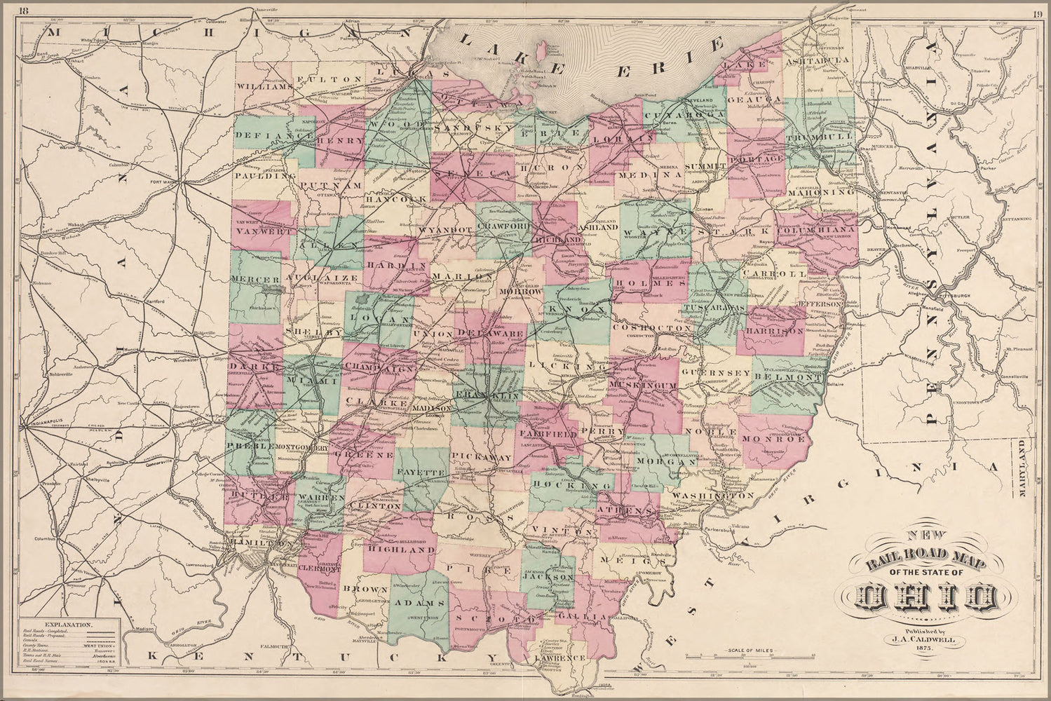 24"x36" Gallery Poster, 1875 railroad map of the state of ohio