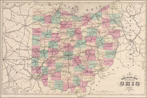 24"x36" Gallery Poster, 1875 railroad map of the state of ohio