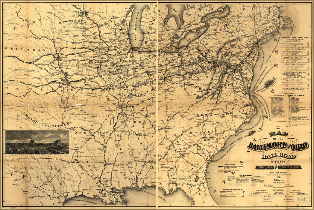 24"x36" Gallery Poster, 1878 Baltimore and Ohio Railroad Map