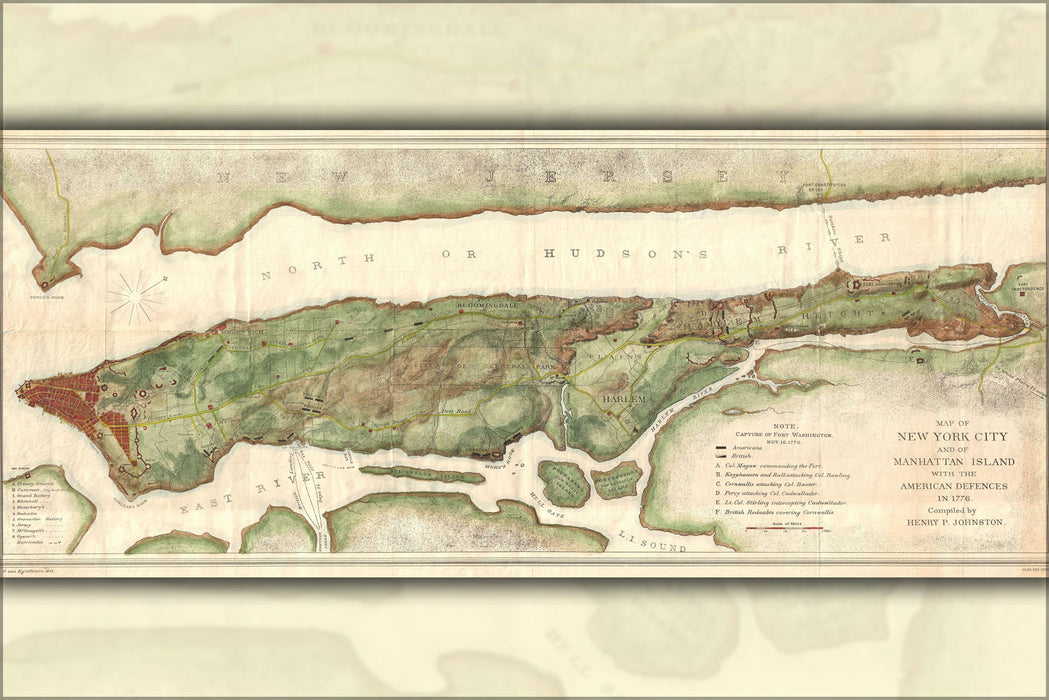 24"x36" Gallery Poster, 1878 Bien and Johnson Map of New York City (Manhattan Island) During the Revolutionary War