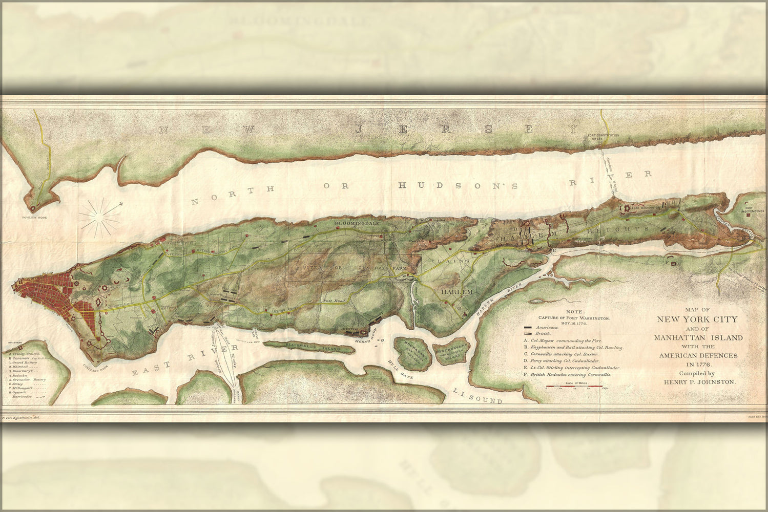 24"x36" Gallery Poster, 1878 Bien and Johnson Map of New York City (Manhattan Island) During the Revolutionary War
