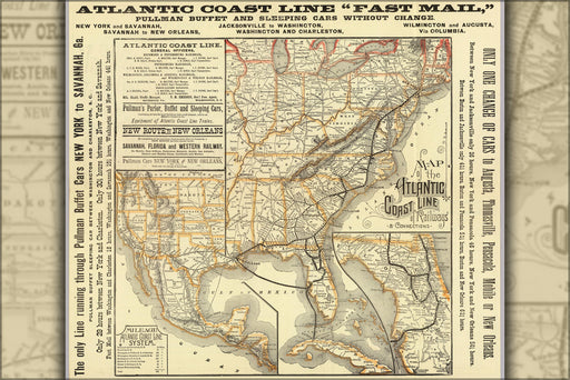 24"x36" Gallery Poster, 1885 Atlantic Coast Line Railroad map, United States of America