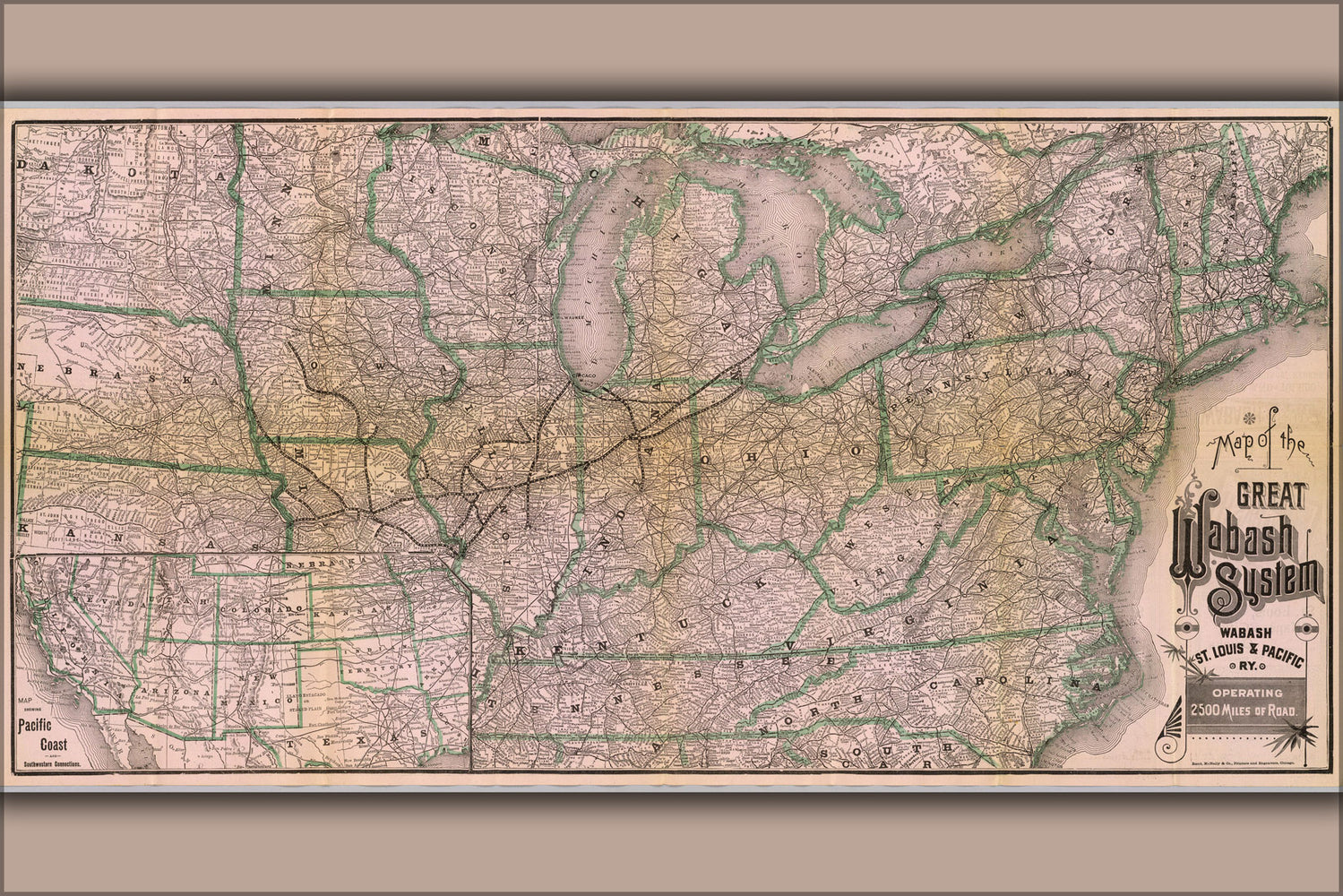 24"x36" Gallery Poster, 1886 Railroad Map of the Wabash, St. Louis and Pacific Railway