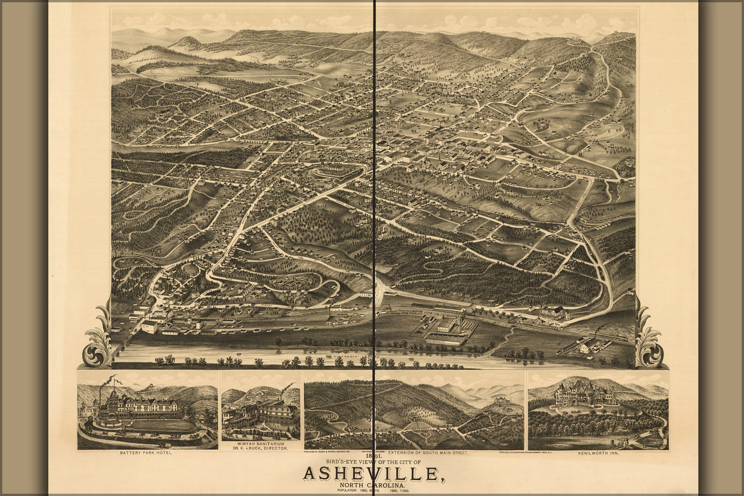 24"x36" Gallery Poster, 1891 birdseye view map of Asheville, North Carolina