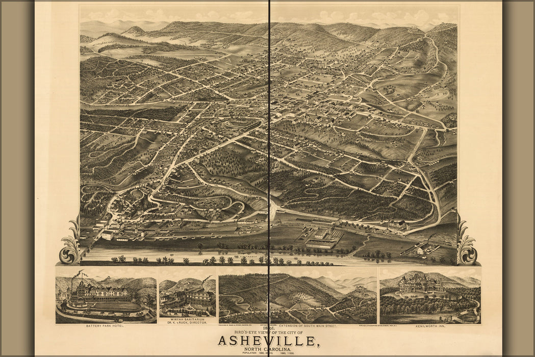24"x36" Gallery Poster, 1891 birdseye view map of Asheville, North Carolina