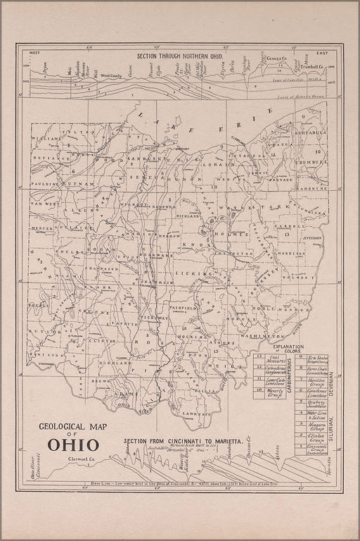24"x36" Gallery Poster, 1892 Geological Map of Ohio