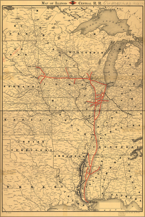 24"x36" Gallery Poster, 1892 map of the Illinois Central Railroad