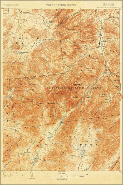 24"x36" Gallery Poster, 1892 topographic map Mount Marcy area, Adirondack mountains