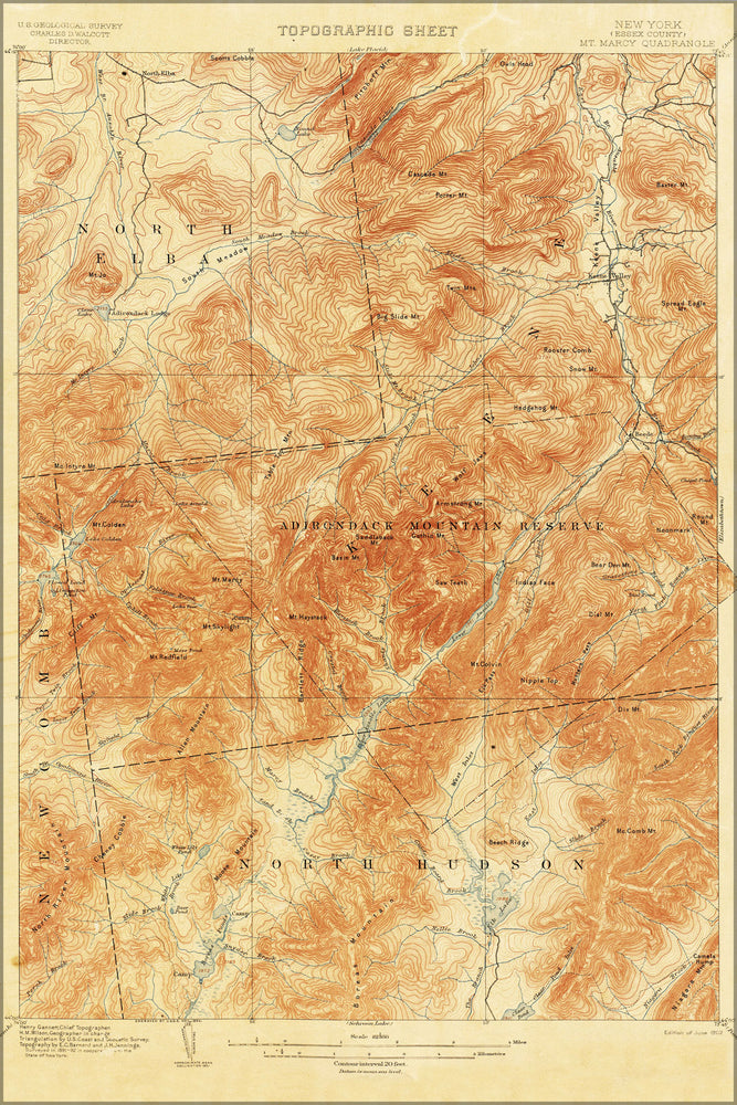 24"x36" Gallery Poster, 1892 topographic map Mount Marcy area, Adirondack mountains
