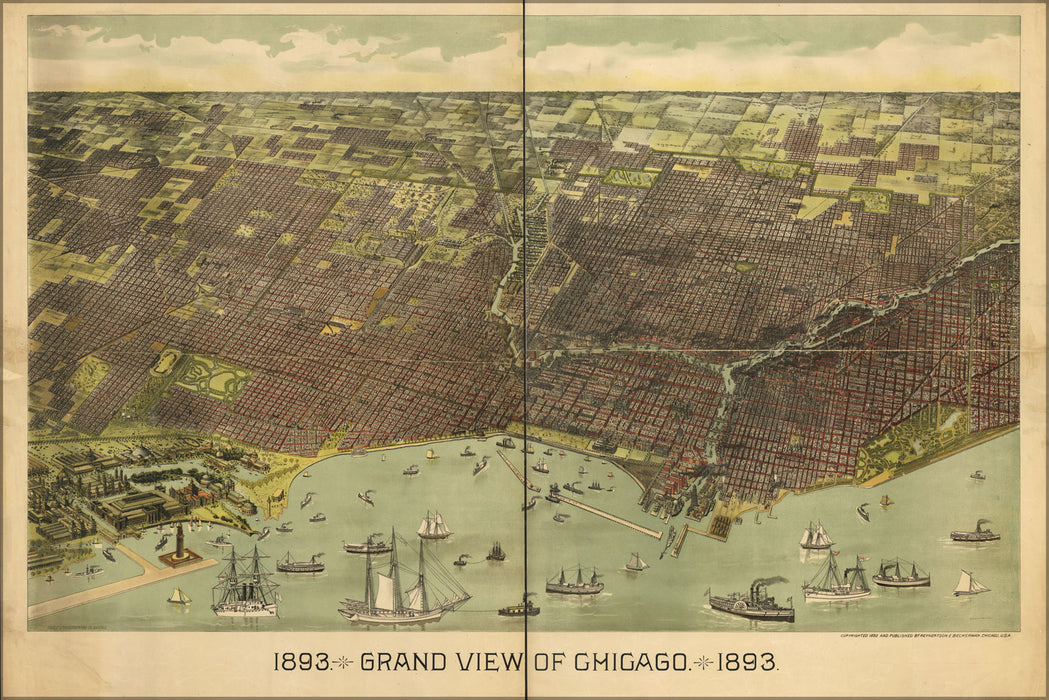 24"x36" Gallery Poster, 1893 birdseye view map of Chicago