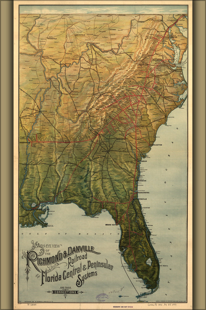 24"x36" Gallery Poster, 1893 map of the Florida Central and Peninsular Railroad and Richmond and Danville Railroad