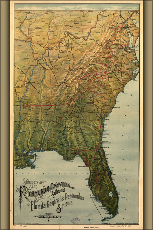 24"x36" Gallery Poster, 1893 map of the Florida Central and Peninsular Railroad and Richmond and Danville Railroad