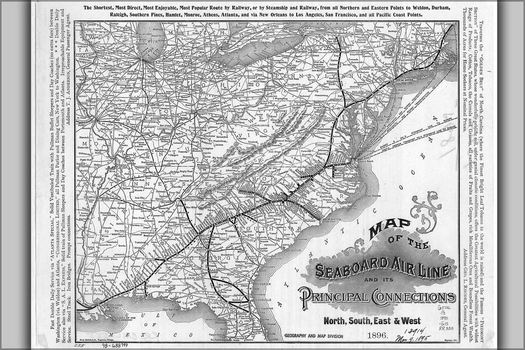 24"x36" Gallery Poster, 1896 Seaboard Air Line Railway Railroad Map