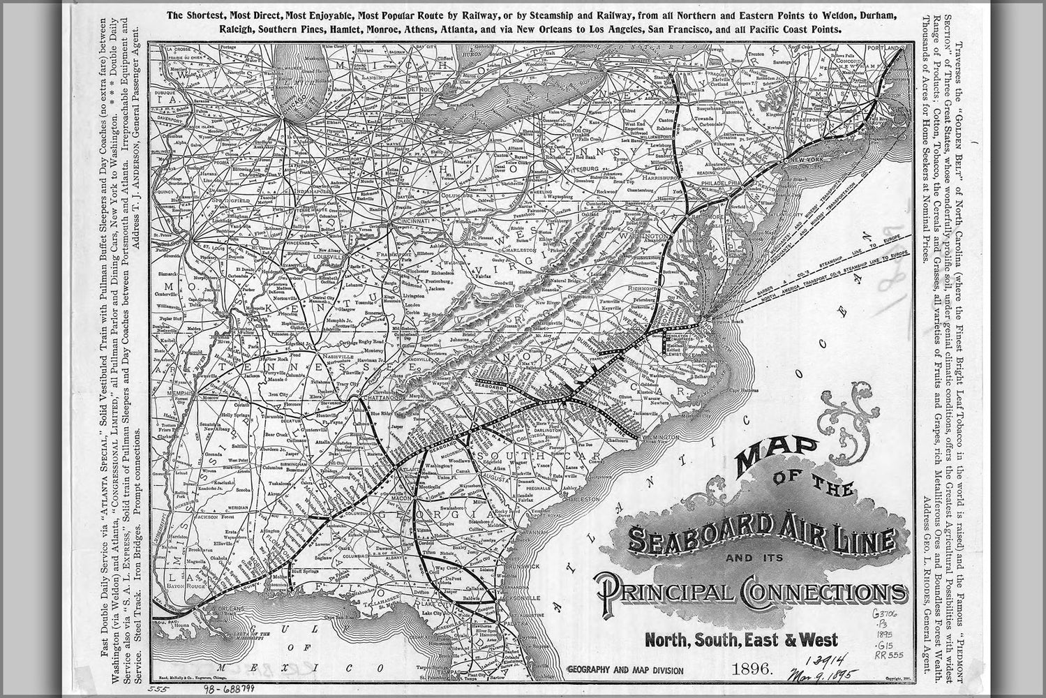24"x36" Gallery Poster, 1896 Seaboard Air Line Railway Railroad Map