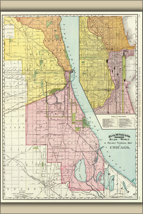 24"x36" Gallery Poster, 1897 Chicago Railroad Map