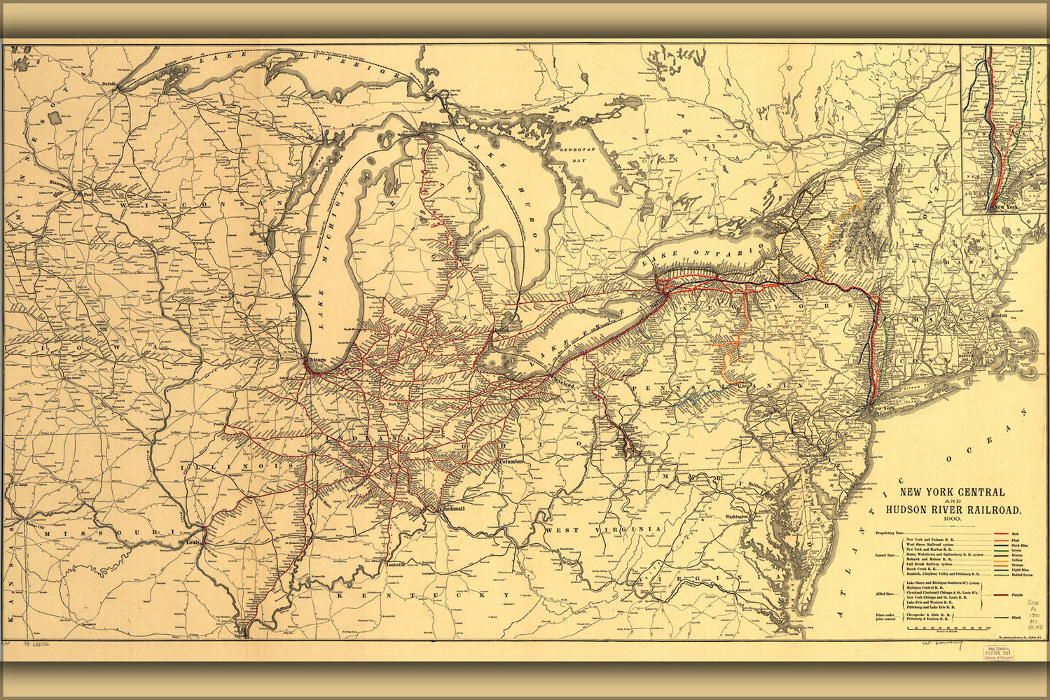 24"x36" Gallery Poster, 1900 map of the New York Central and Hudson River Great Lakes  Michigan Railroad