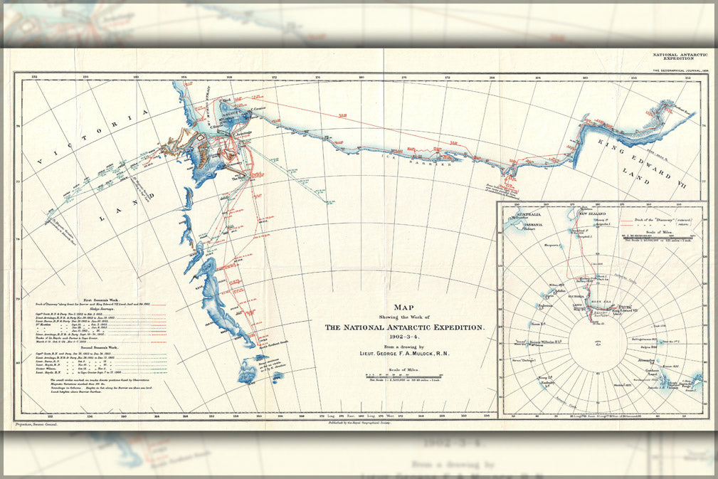 24"x36" Gallery Poster, 1904 Antarctic Expedition Map of Victoria Land and King Edward VII Land, Antarctica robert falcon scott, ernest sh