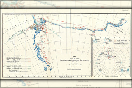 24"x36" Gallery Poster, 1904 Antarctic Expedition Map of Victoria Land and King Edward VII Land, Antarctica robert falcon scott, ernest sh