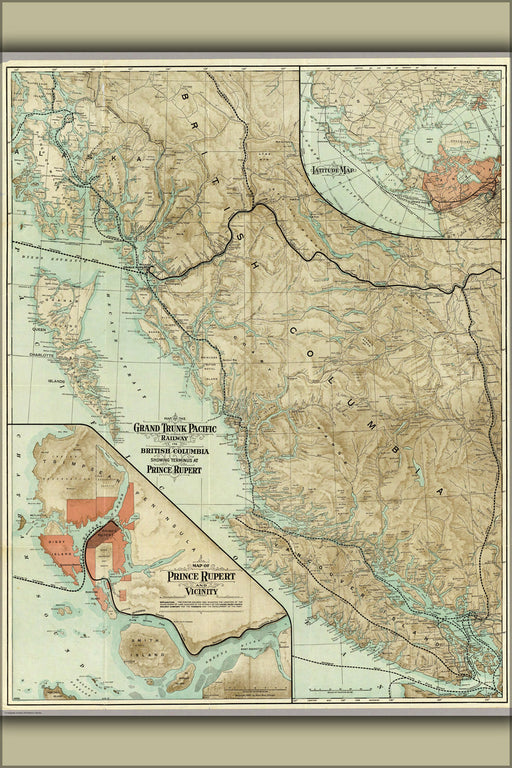 24"x36" Gallery Poster, 1910 Railroad Map of the Grand Trunk Pacific Railway in British Columbia, Canada