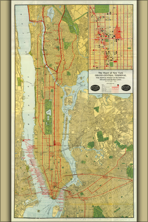 24"x36" Gallery Poster, 1918 Map of the New York Central Railroad, New York City