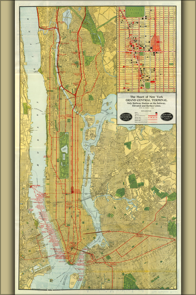24"x36" Gallery Poster, 1918 Map of the New York Central Railroad, New York City