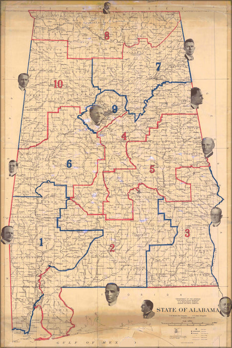 24"x36" Gallery Poster, 1920 Map of Alabama Congressional districts