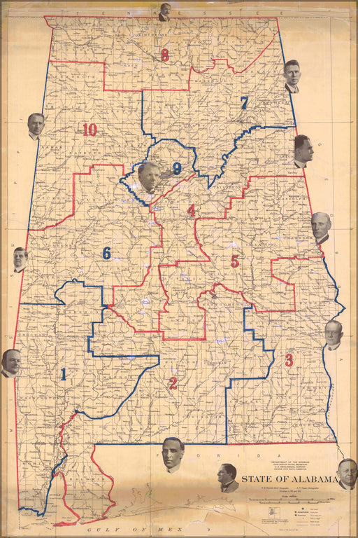 24"x36" Gallery Poster, 1920 Map of Alabama Congressional districts