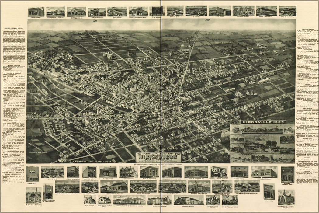 24"x36" Gallery Poster, 1925 aero-view map of Hicksville, Long Island, Nassau County, New York