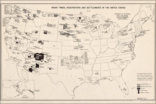 24"x36" Gallery Poster, 1939 map of Native American Indian tribe reservations in United States by Sam Attahvich, Comanche
