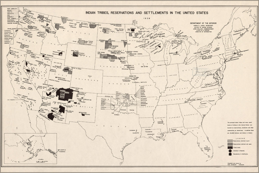 24"x36" Gallery Poster, 1939 map of Native American Indian tribe reservations in United States by Sam Attahvich, Comanche