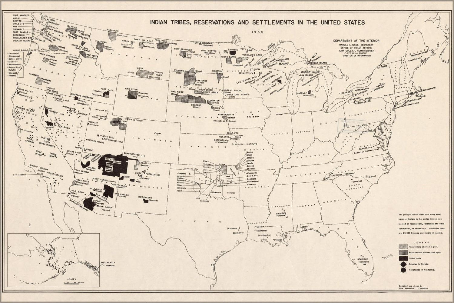 24"x36" Gallery Poster, 1939 map of Native American Indian tribe reservations in United States by Sam Attahvich, Comanche