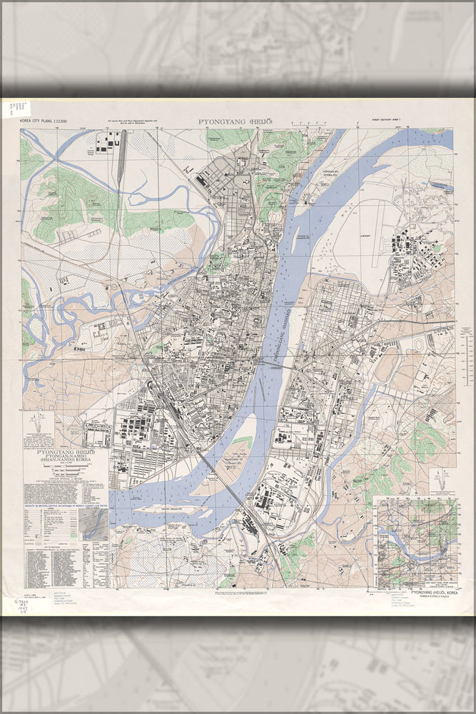 24"x36" Gallery Poster, 1946 u.s. army Map of Pyongyang, North Korea, pre korean war
