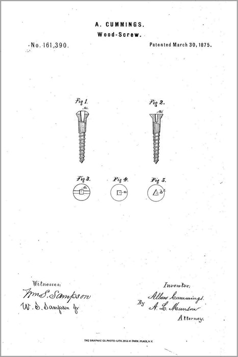 Poster, Many Sizes; Us Patent 161390 Allan Cummings 1875 Wood Screw Drives