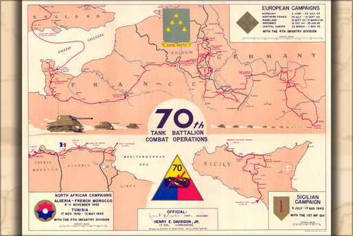 24"x36" Gallery Poster, 70th Tank Battalion Combat Operations Campaign Map for North Africa Sicily and Europe 1942 1945