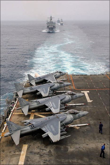 24"x36" Gallery Poster, AV-8B Harrier jump jets line flight deck of USS Tarawa (LHA 1)